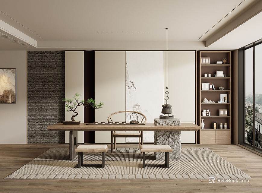 Minimalist Tea Room Interior With Wooden Table Chairs Bench Potted Plant Bookshelves And FloorToCeiling Windows 3d model 