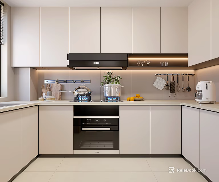 Modern Kitchen Interior With White Cabinets Built-in Oven Range Hood Countertop And Coffee Maker 3d model 