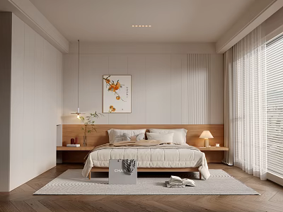 Modern Minimalist Bedroom Interior Design With Bed Nightstand Lamp Area Rug And Window Blinds 3d model