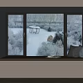 Cozy Bay Window Interior with Snowy Winter View Gazebo Pillows and Book