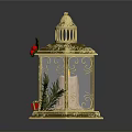 Decorative Golden Lantern with Metal Frame Christmas Pine Branches Red Berries Gift Box and Candle