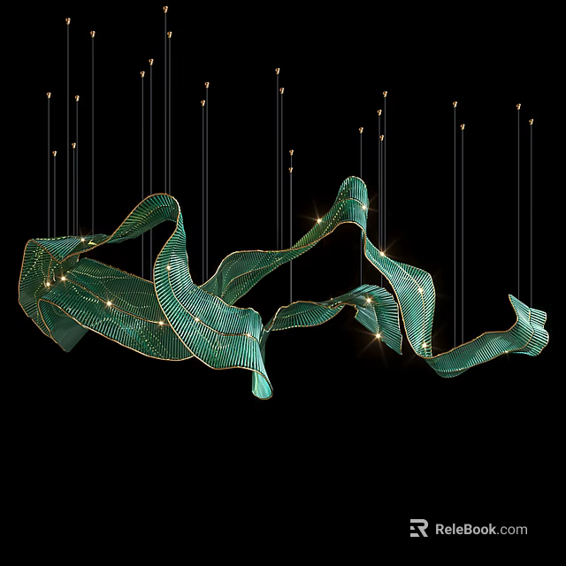 Modern Green Streamlined Chandelier With Glowing Accents Against Black Background 3d model 