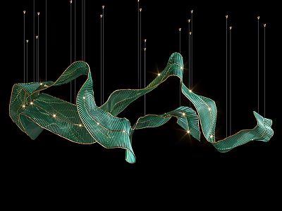 Modern Green Streamlined Chandelier With Glowing Accents Against Black Background 3d model