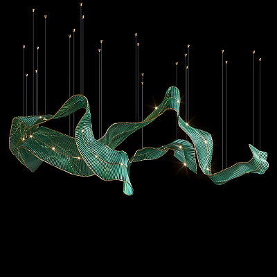 Modern Green Streamlined Chandelier With Glowing Accents Against Black Background 3d model
