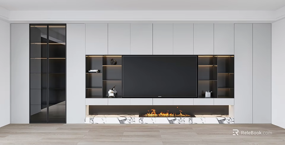 Modern TV Wall with White Cabinetry Open Shelves Marble Fireplace and Flame 3d model 