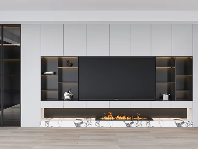 Modern TV Wall with White Cabinetry Open Shelves Marble Fireplace and Flame 3d model