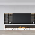 Modern TV Wall with White Cabinetry Open Shelves Marble Fireplace and Flame