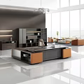 Modern Office Desk With Wooden Leather Design And Storage Near Bookcase Large Windows Natural View