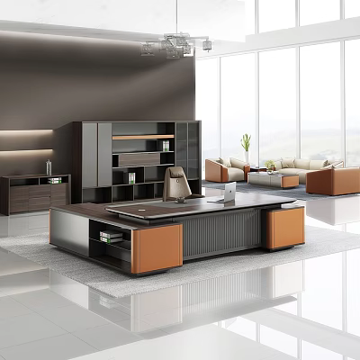 Modern Office Desk With Wooden Leather Design And Storage Near Bookcase Large Windows Natural View 3d model