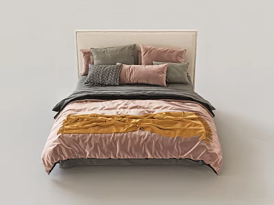 Modern Upholstered Double Bed With Soft Velvet Bedding Colorful Pillows And Warm Throw Blanket 3d model