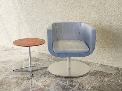 Blue Upholstered Leisure Chair With Round Metal Base And Wooden Side Table On Marble Floor 3d model