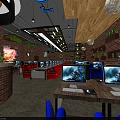Modern Cybercafé Interior With Red Chairs Multiple Computers Brick Walls And Green Plants