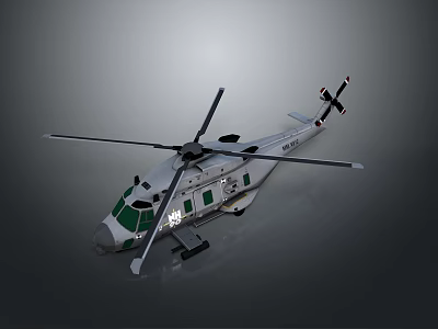 White USCG Helicopter With Rotors Green Windows Landing Gear And Tail Rotor 3d model