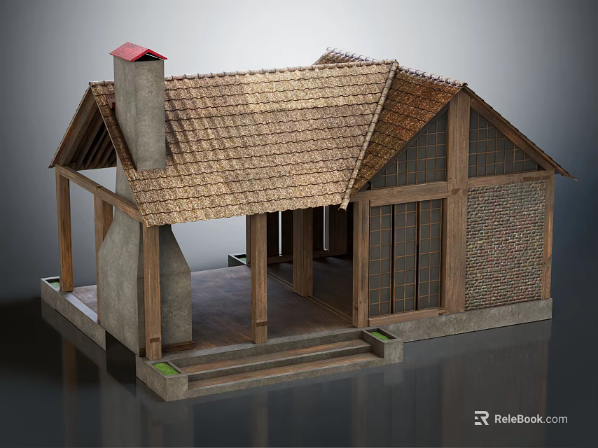 Traditional House 3D Model Featuring Wooden Frame Tile Roof Brick Wall Chimney Porch And Steps 3d model 