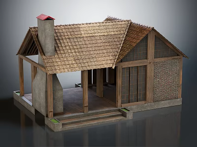 Traditional House 3D Model Featuring Wooden Frame Tile Roof Brick Wall Chimney Porch And Steps 3d model