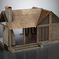 Traditional House 3D Model Featuring Wooden Frame Tile Roof Brick Wall Chimney Porch And Steps