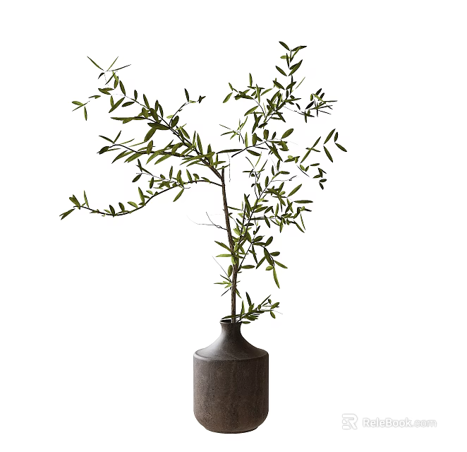 Stylish Decorative Vase With Green Olive Branches And Rustic Ceramic Design 3d model 