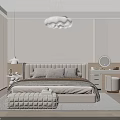 Modern Beige Bedroom Interior With Upholstered Headboard Cloud Pendant Light And Ottoman Minimalist Design Elements