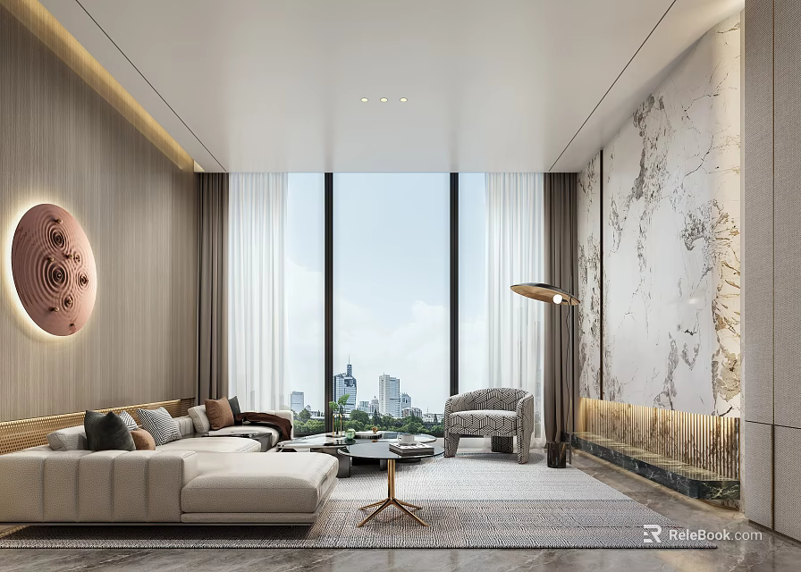 Modern Living Room With Large Windows City View Light Sofa Gray Chair And Marble Wall 3d model 