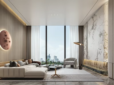 Modern Living Room With Large Windows City View Light Sofa Gray Chair And Marble Wall 3d model