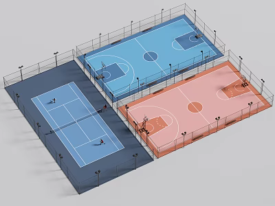 Colorful Outdoor Basketball Courts With Three Playing Surfaces Fencing And Lighting 3d model