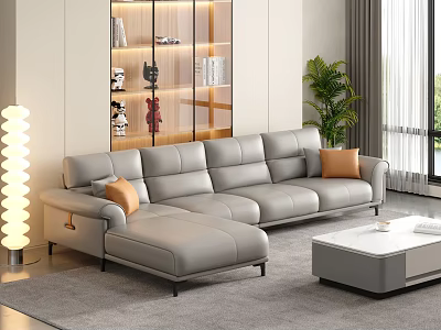 Gray Sectional Sofa with Orange Cushions Coffee Table Floor Lamp and Green Plant 3d model