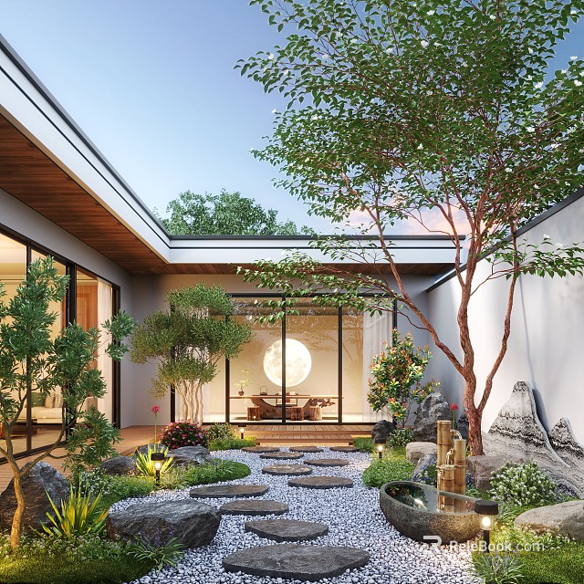 Traditional Courtyard Garden With Stone Path Trees And Round Window Design 3d model 