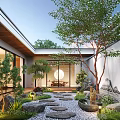 Traditional Courtyard Garden With Stone Path Trees And Round Window Design