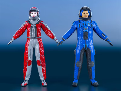 Two Men In Red And Blue Astronaut Suits Holding Hands Standing Together 3d model