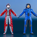 Two Men In Red And Blue Astronaut Suits Holding Hands Standing Together