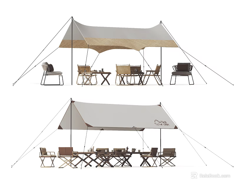 Outdoor Camping Tent With Tables Chairs Canopy And Different Designs 3d model 