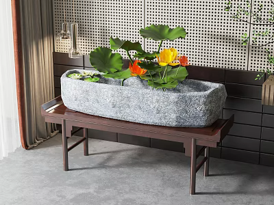Bonsai Planter With Stone Basin Lotus Leaves And Yellow Orange Flowers On Wooden Bench 3d model
