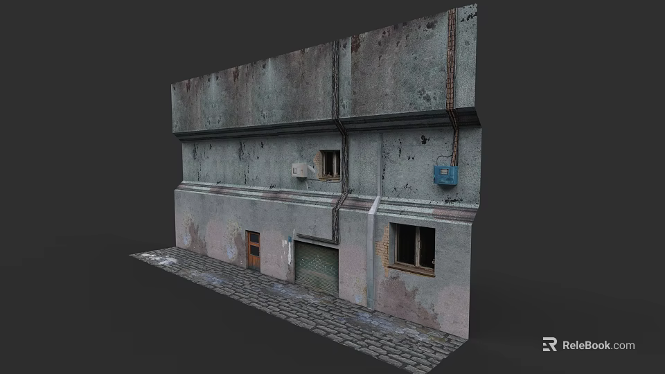Old Urban Building Exterior With Weathered Concrete Walls Windows And Stone Pavement 3d model 