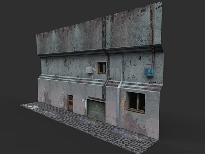 Old Urban Building Exterior With Weathered Concrete Walls Windows And Stone Pavement 3d model