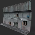 Old Urban Building Exterior With Weathered Concrete Walls Windows And Stone Pavement