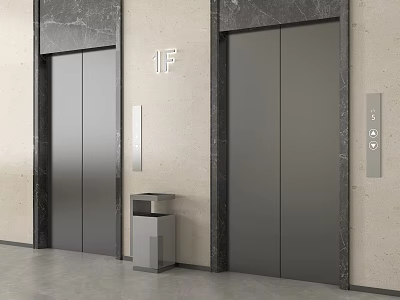 Modern Elevators In Lobby With Marble Walls And 1F Floor Indicator 3d model