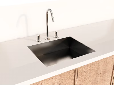 Modern Kitchen Faucet With Stainless Steel Sink On White Countertop And Light Wood Cabinets 3d model