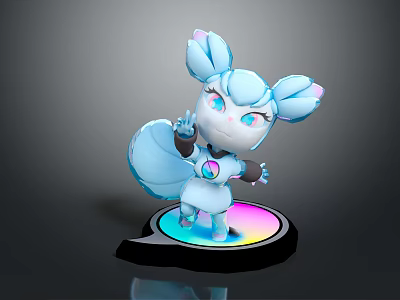 3D Cute Game Movie Character With Blue Hair Double Ponytails Big Eyes On Rainbow Base 3d model