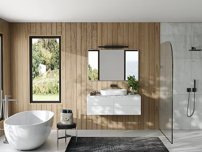 Modern Bathroom Interior With Wooden Walls Large Window White Vanity And Glass Shower 3d model