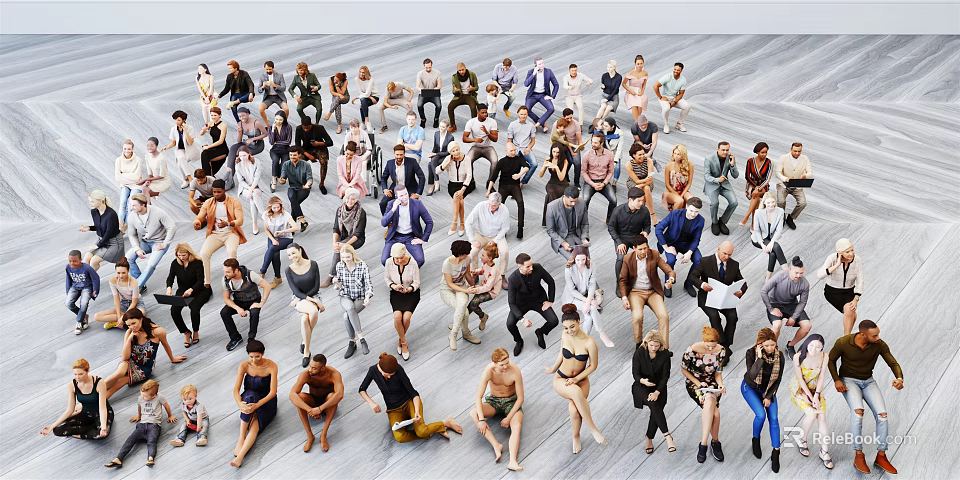 Group Of Diverse People Standing And Sitting In Various Poses On Light Floor 3d model 