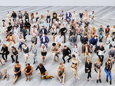 Group Of Diverse People Standing And Sitting In Various Poses On Light Floor 3d model
