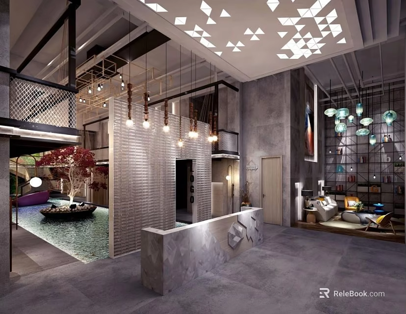 Modern Hotel Lobby Interior With Geometric Ceiling Lights And Reception Desk 3d model 