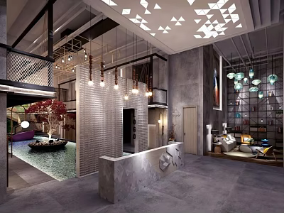 Modern Hotel Lobby Interior With Geometric Ceiling Lights And Reception Desk 3d model