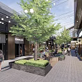 Commercial Landscape Design With Pedestrian Walkway Shops Trees String Lights And Greenery