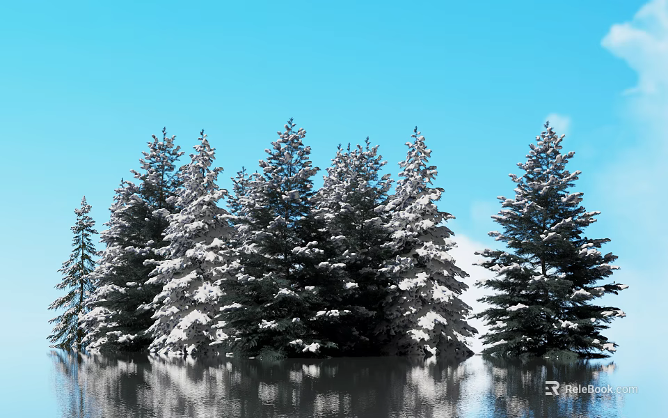 Beautiful Snow Covered Evergreen Trees Against Clear Blue Sky With Water Reflection 3d model 