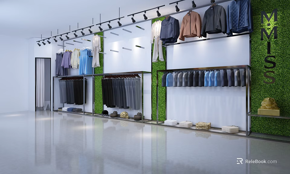 Modern Clothing Store with Hanging Clothes Green Plant Wall and Shoes on Sleek Floor 3d model 