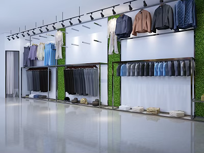 Modern Clothing Store with Hanging Clothes Green Plant Wall and Shoes on Sleek Floor 3d model