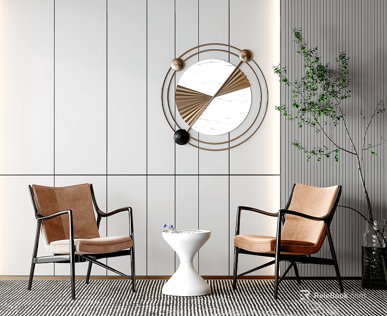 Upholstered Tan Leisure Chairs with White Round Side Table Circular Wall Mirror and Potted Plant 3d model 