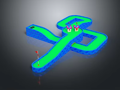 Cartoon Mini Golf Course Scene with Green Path Blue Borders Red Flag and Buckets 3d model