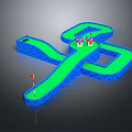 Cartoon Mini Golf Course Scene with Green Path Blue Borders Red Flag and Buckets
